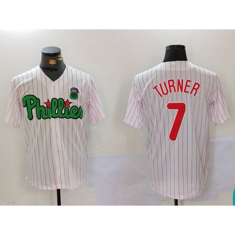 Philadelphia Phillies #7 Trea Turner White Green MWATKINS Cool Base Stitched Jersey 2