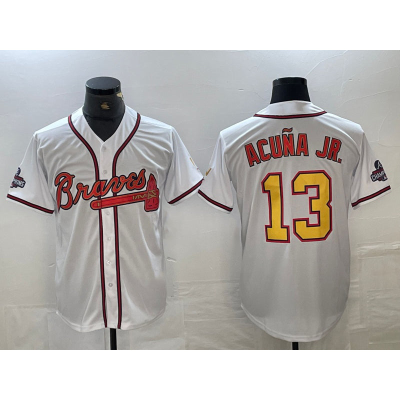 Atlanta Braves #13 MWATKINSld Acuna Jr White Gold MWATKINS 2021 World Series Champions Stitched Cool Base Jersey