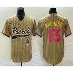 San Diego Padres #13 Manny Machado Tan MWATKINS Pinstripe 2023 City Connect Cool Base Stitched Jersey