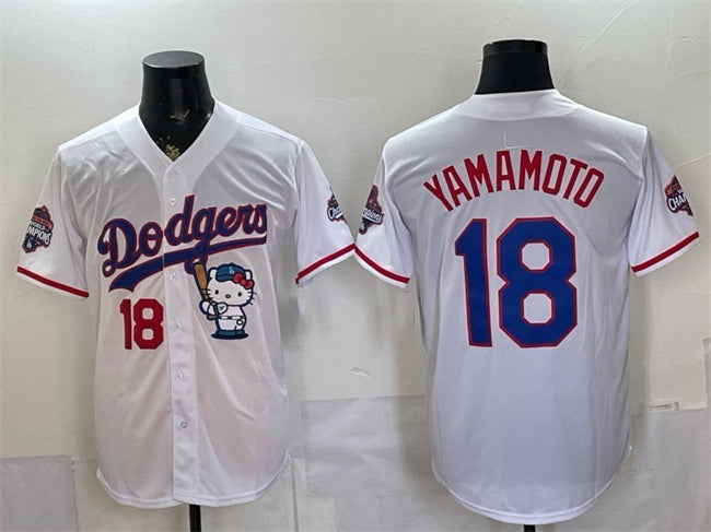 Los Angeles Dodgers #18 Yoshinobu Yamamoto White MWATKINS Hello Kitty Night 2025 World Series Champions Patch Stitched Jersey