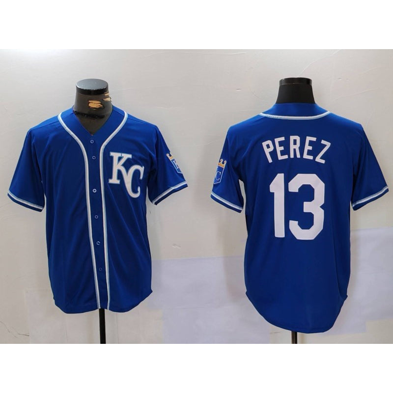 Kansas City Royals #13 Salvador Perez Blue MWATKINS KC Cool Base Stitched Jersey