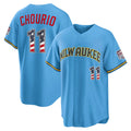 Milwaukee Brewers #11 Jackson Chourio USA 250 Fourth of July Road Stadium Jersey - Light Blue MWATKINS