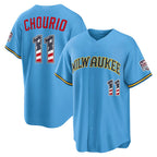 Milwaukee Brewers #11 Jackson Chourio USA 250 Fourth of July Road Stadium Jersey - Light Blue MWATKINS