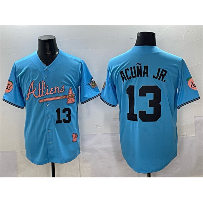 Atlanta Braves #13 MWATKINSld Acuna Jr. Blue MWATKINS 2024 Atliens & Peach With Outkast Patch Vapor Limited Stitched Jersey