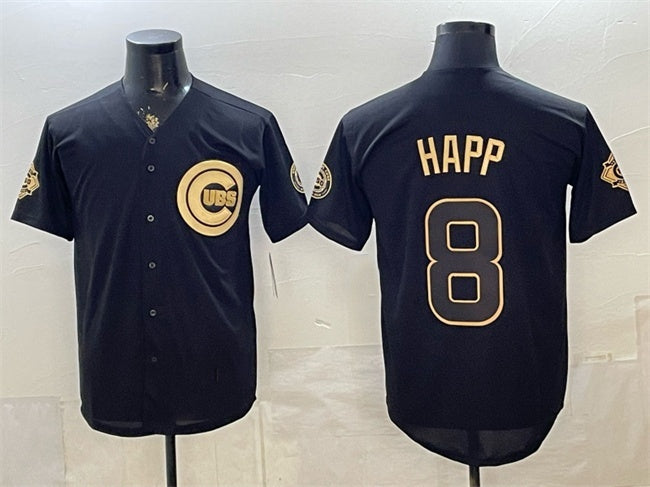 Chicago Cubs #8 lan Happ Black Gold MWATKINS 150th Anniversary Patch Stitched Jersey