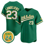 Oakland Athletics #23 Shea Langeliers Green MWATKINS 2024 Limited With Rickey Henderson Patch Stitched Jersey