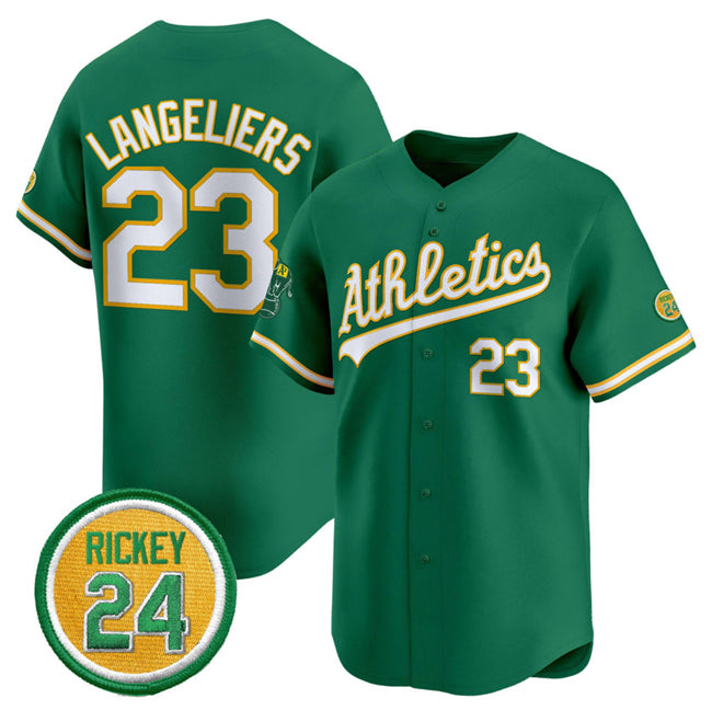 Oakland Athletics #23 Shea Langeliers Green MWATKINS 2024 Limited With Rickey Henderson Patch Stitched Jersey