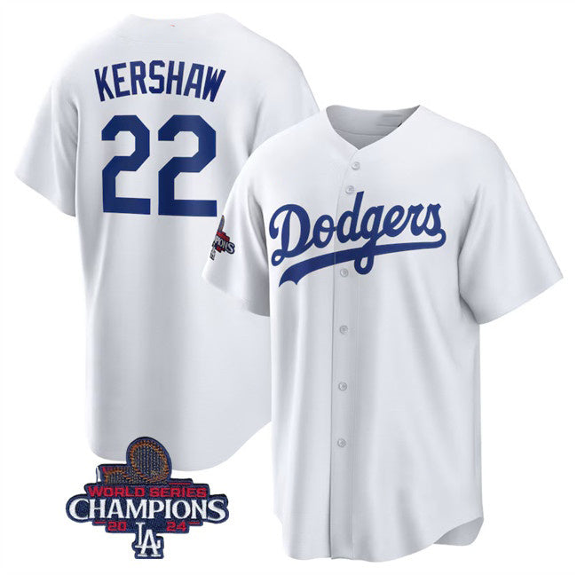 Los Angeles Dodgers #22 Clayton Kershaw White MWATKINS 2024 World Series Champions Cool Base Stitched Jersey