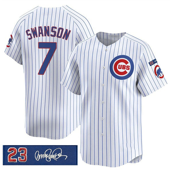 Chicago Cubs #7 Dansby Swanson White MWATKINS Pinstripe 'Ryne Sandberg Tribute' Vapor Limited V3 Stitched Jersey