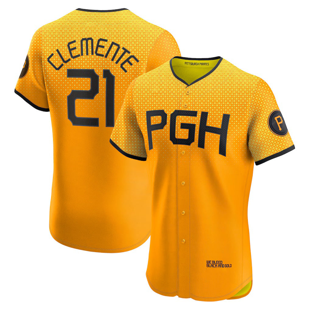 Pittsburgh Pirates #21 Roberto Clemente Gold MWATKINS City Connect Elite Player Jersey