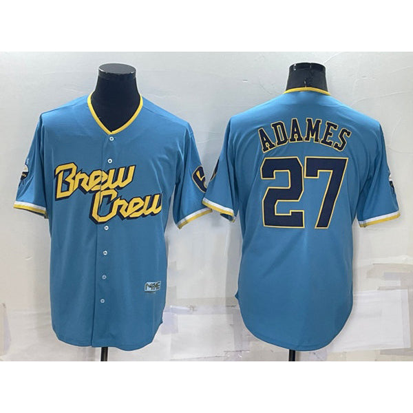 Milwaukee Brewers #27 Willy Adames 2022 Powder Blue MWATKINS City Connect Cool Base Stitched Jersey