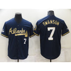 Atlanta Braves #7 Dansby Swanson Navy Blue MWATKINS 2021 World Series Champions Golden Edition Stitched Cool Base Jersey