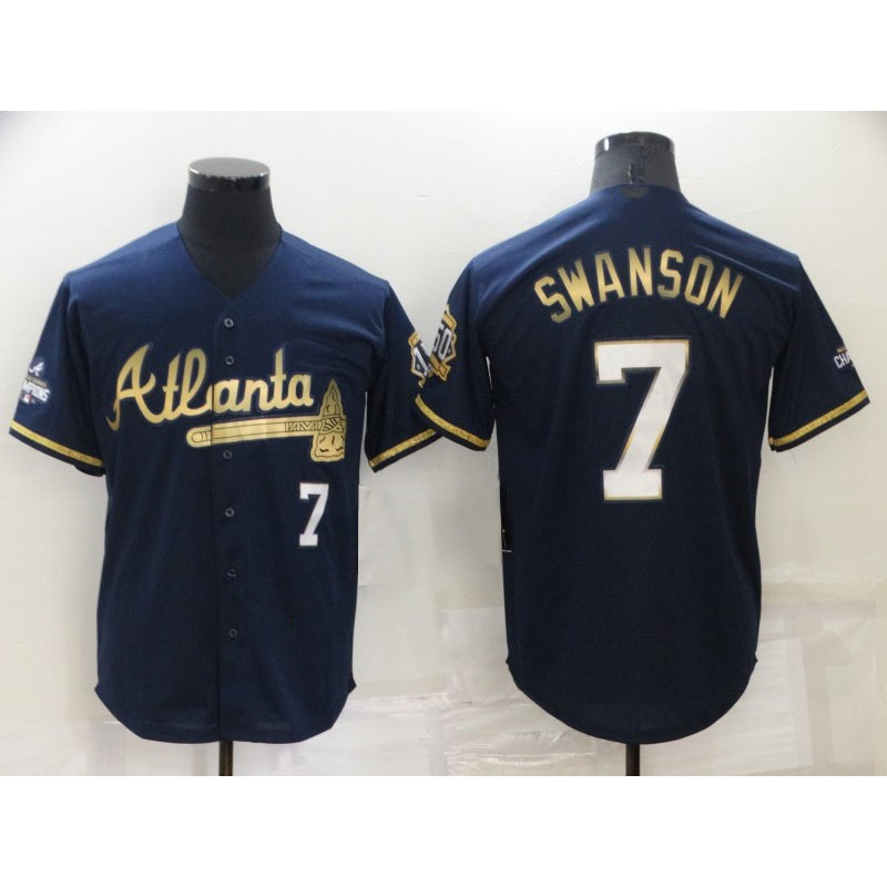 Atlanta Braves #7 Dansby Swanson Navy Blue MWATKINS 2021 World Series Champions Golden Edition Stitched Cool Base Jersey