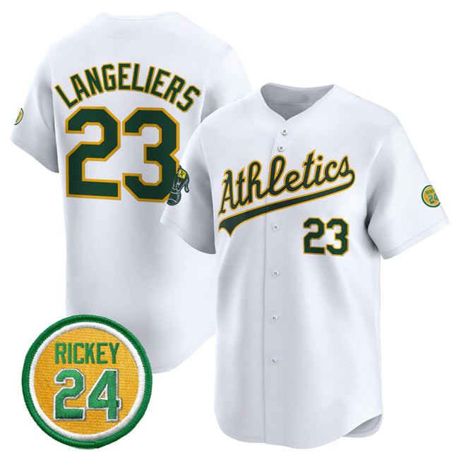 Oakland Athletics #23 Shea Langeliers White MWATKINS 2024 Home Limited With Rickey Henderson Patch Stitched Jersey