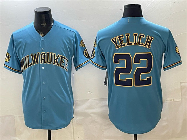 Milwaukee Brewers #22 Christian Yelich Blue MWATKINS With Home & Bob Uecker Patch Stitched Jersey