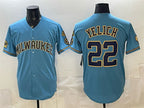 Milwaukee Brewers #22 Christian Yelich Blue MWATKINS With Home & Bob Uecker Patch Stitched Jersey