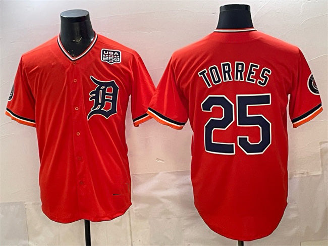 Detroit Tigers #25 Gleyber Torres Orange MWATKINS 2026 Alternate USA 250' Patch Vapor Premier Limited Stitched Jersey
