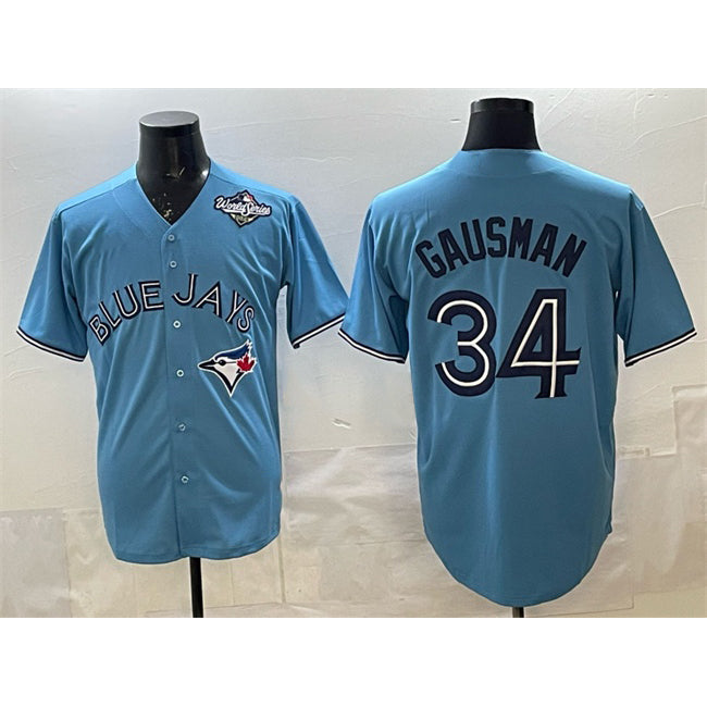 Toronto Blue Jays #34 Kevin Gausman Blue MWATKINS 2025 World Series Cool Base Stitched Jersey