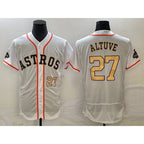 Houston Astros #27 Jose Altuve Number 2023 White MWATKINS Gold World Serise Champions Patch Flex Base Stitched Jersey 3