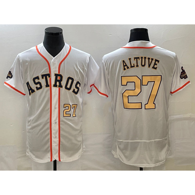 Houston Astros #27 Jose Altuve Number 2023 White MWATKINS Gold World Serise Champions Patch Flex Base Stitched Jersey 3