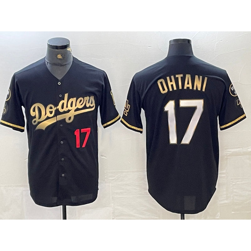 Los Angeles Dodgers #17 Shohei Ohtani Number Black Gold MWATKINS Stitched Cool Base Jersey 3