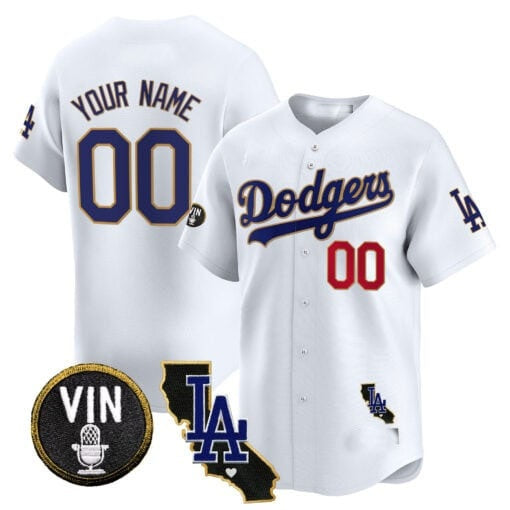 Custom Los Angeles Dodgers Vin & California Patch Gold Trim Vapor Premier Limited Jersey ¨C White MWATKINS