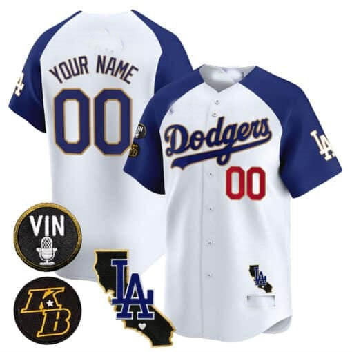 Custom Los Angeles Dodgers Vin Patch & Kobe Bryant Gold Trim Vapor Premier Limited Jersey V2 ¨C White 2 MWATKINS