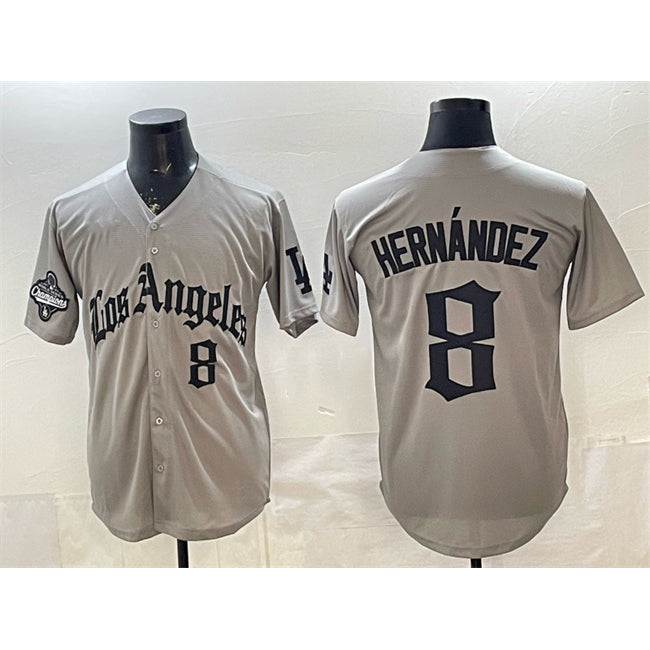 Los Angeles Dodgers #8 Enrique Hernandez Grey MWATKINS LA Gothic Style With 2025 World Series Champions Patch Limited Stitched Jersey