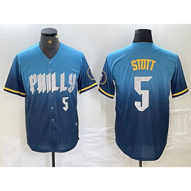 Philadelphia Phillies #5 Bryson Stott Blue MWATKINS 2024 City Player Number Cool Base Stitched Jersey 2