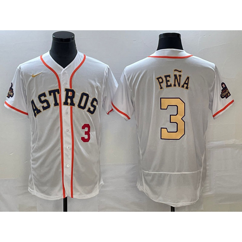 Houston Astros #3 Jeremy Pena Number 2023 White Gold MWATKINS World Serise Champions Patch Flex Base Stitched Jersey