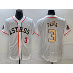 Houston Astros #3 Jeremy Pena Number 2023 White Gold MWATKINS World Serise Champions Patch Flex Base Stitched Jersey