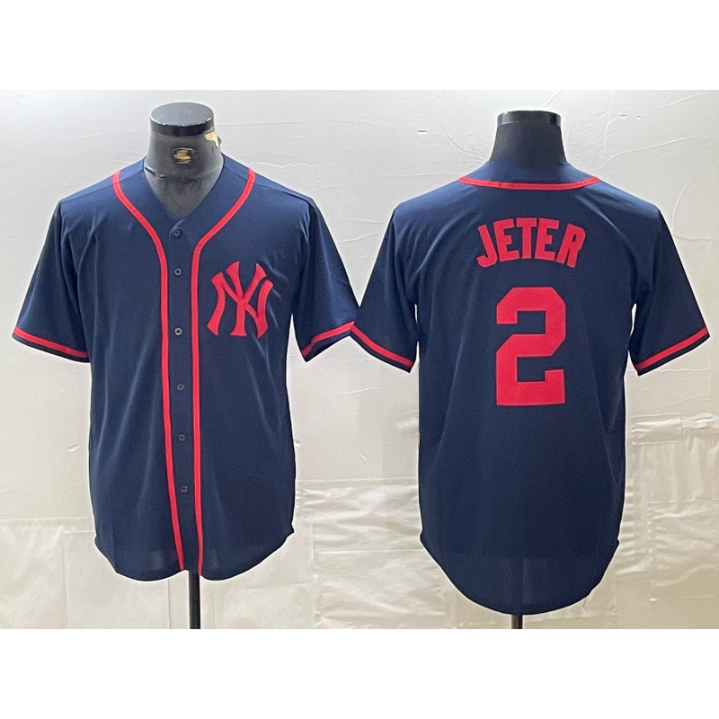 New York Yankees #2 Derek Jeter Navy Red MWATKINS Fashion Cool Base Jersey