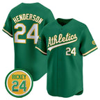 Oakland Athletics #24 Rickey Henderson Green MWATKINS 2024 Limited With Rickey Henderson Patch Stitched Jersey