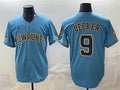 Milwaukee Brewers #9 Bob Uecker Blue MWATKINS With Home & Bob Uecker Patch Stitched Jersey