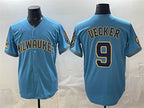 Milwaukee Brewers #9 Bob Uecker Blue MWATKINS With Home & Bob Uecker Patch Stitched Jersey
