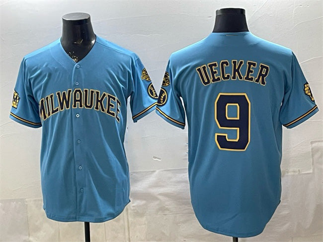 Milwaukee Brewers #9 Bob Uecker Blue MWATKINS With Home & Bob Uecker Patch Stitched Jersey