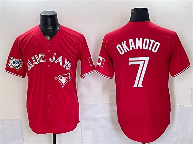 Toronto Blue Jays #7 Kazuma Okamoto Red MWATKINS 50 Seasons Patch Stitched Jersey