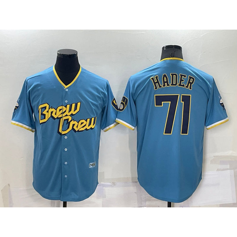Milwaukee Brewers #71 Josh Hader Blue MWATKINS 2022 City Connect Cool Base Stitched Jersey