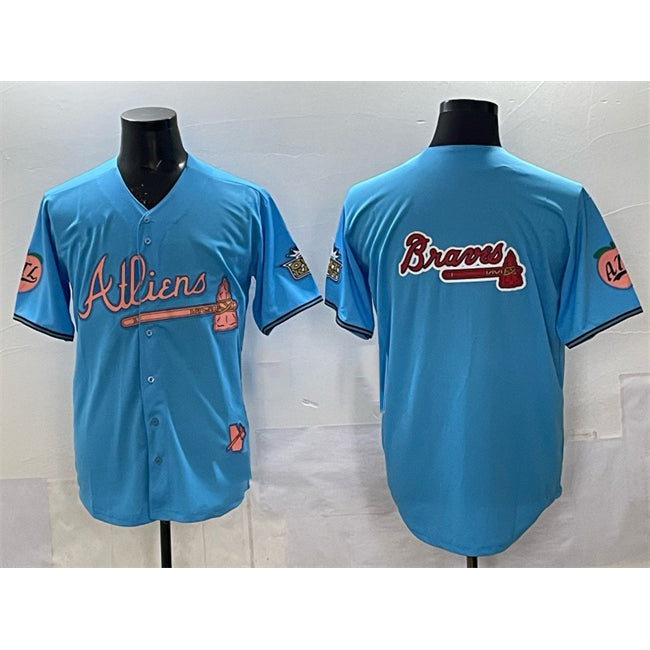 Atlanta Braves Team Big Logo Blue MWATKINS 2024 Atliens & Peach With Outkast Patch Vapor Limited Stitched Jersey