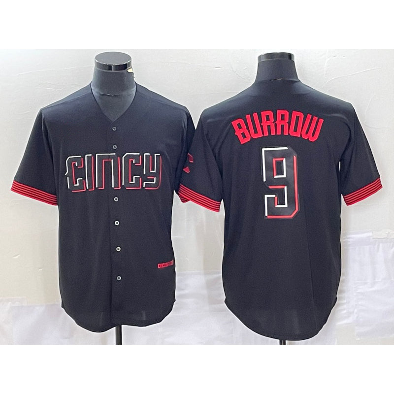 Cincinnati Reds #9 Joe Burrow Black MWATKINS 2023 City Connect Cool Base Stitched Jersey 2