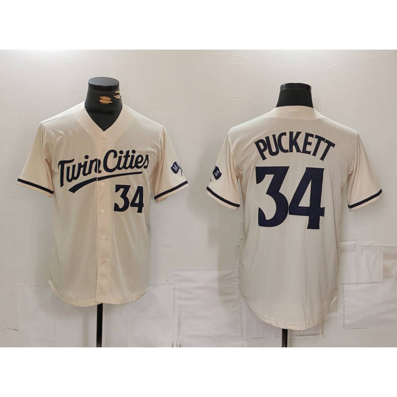 Minnesota Twins #34 Kirby Puckett Number Cream MWATKINS Cool Base Stitched Jersey