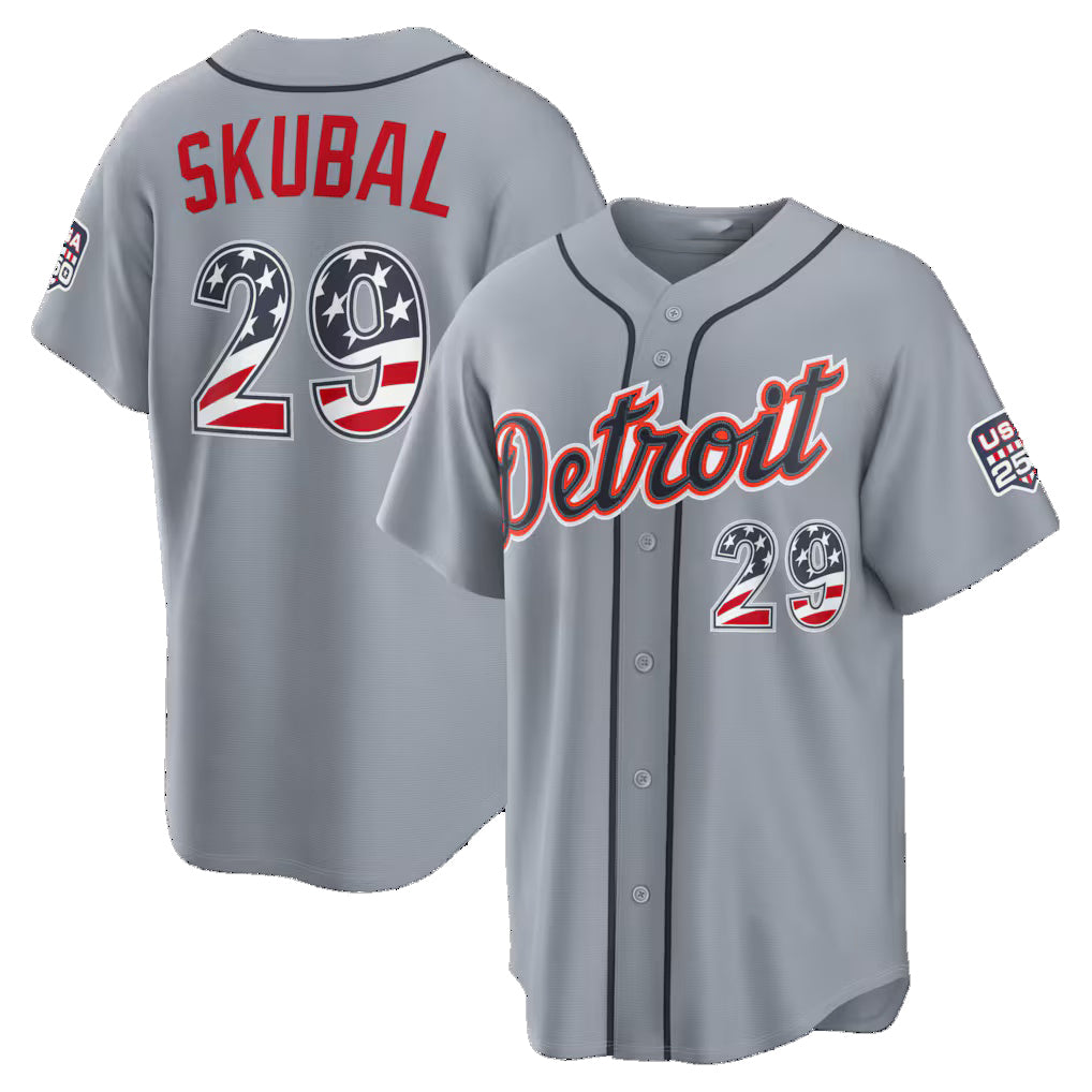Detroit Tigers #29 Tarik Skubal USA 250 Fourth of July Road Stadium Jersey - Gray MWATKINS
