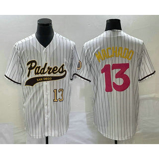 San Diego Padres #13 Manny Machado Number White MWATKINS Pinstripe 2023 City Connect Cool Base Stitched Jersey