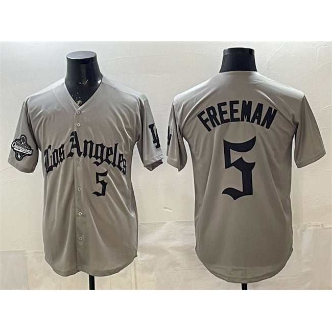 Los Angeles Dodgers #5 Freddie Freeman Grey MWATKINS LA Gothic Style With 2025 World Series Champions Patch Limited Stitched Jersey