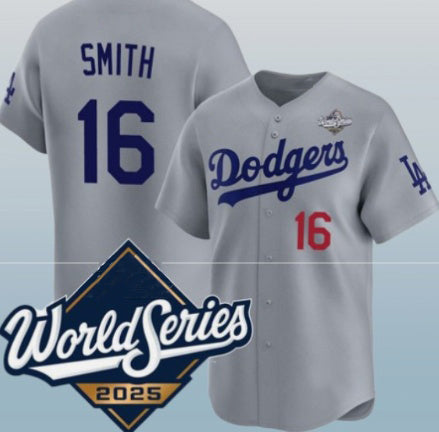 Los Angeles Dodgers #16 Will Smith Gray MWATKINS 2025 World Series Limited Stitched Jersey