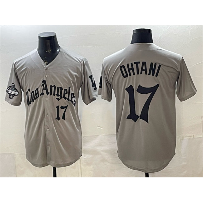 Los Angeles Dodgers #17 Shohei Ohtani Grey MWATKINS LA Gothic Style With 2025 World Series Champions Patch Limited Stitched Jersey