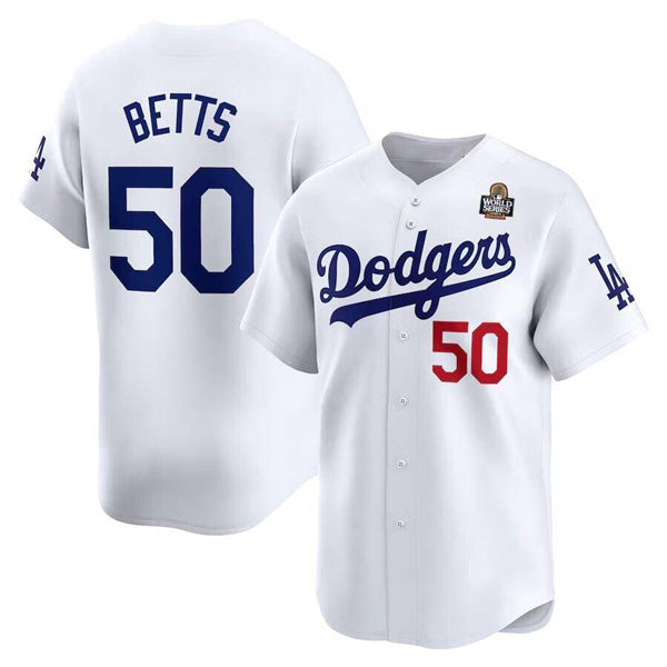 Los Angeles Dodgers #50 Mookie Betts White MWATKINS 2024 World Series Home Limited Cool Base Stitched Jersey