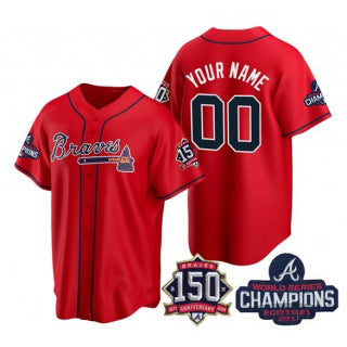 Custom Atlanta Braves Red MWATKINS Active Player 2021 World Series Chimpions With 150th Anniversary Cool Base Stitched Jersey