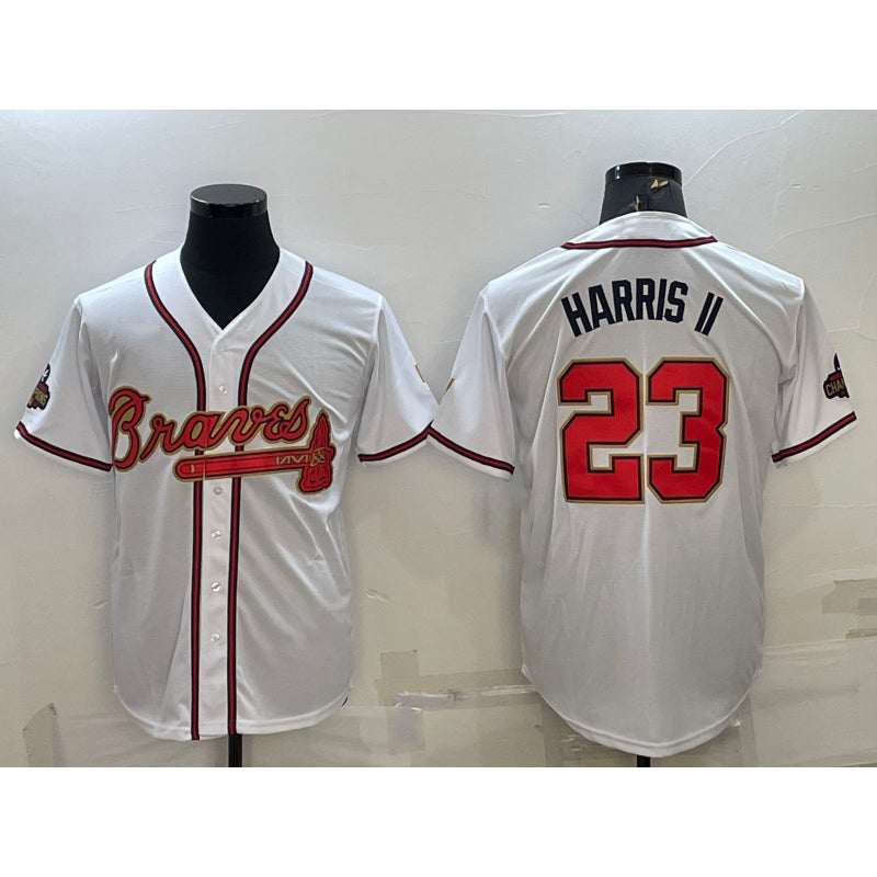 Atlanta Braves #23 Michael Harris II White Gold MWATKINS World Series Champions Program Cool Base Stitched Jersey