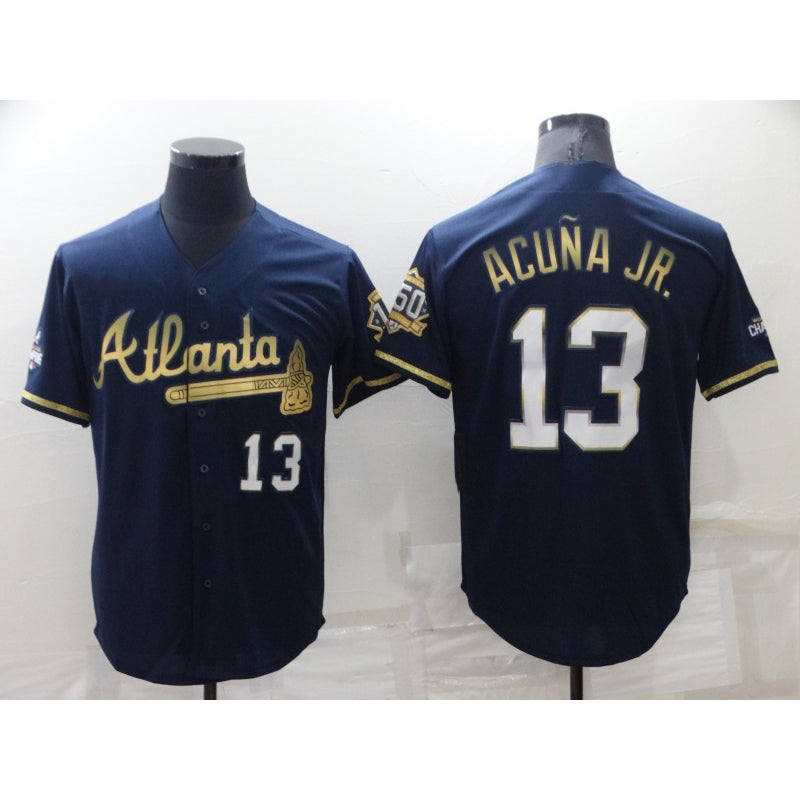 Atlanta Braves #13 MWATKINSld Acuna Jr Navy Blue MWATKINS 2021 World Series Champions Golden Edition Stitched Cool Base Jersey